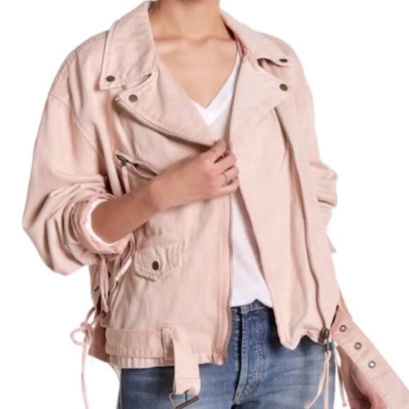 Women Reworked blush denim Custom Free People Motto jacket gold brass tone studs - Picture 11 of 16